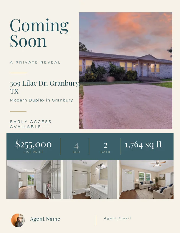 Example Coming Soon marketing flyer for a Granbury listing